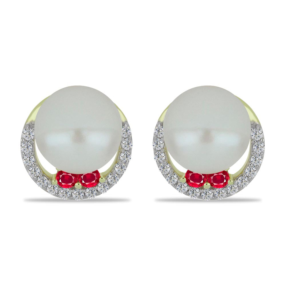Brincos de Prata com Banho de Ouro com Pérola Branca de Água Doce e Rubi de Madagáscar
