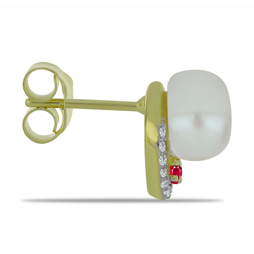 Brincos de Prata com Banho de Ouro com Pérola Branca de Água Doce e Rubi de Madagáscar 2 