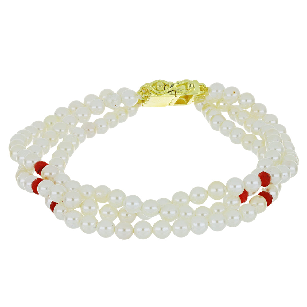 Pulseira de Prata com Banho de Ouro com Pérola Branca de Água Doce e Rubi de Madagáscar  Contraste: Cabeca de Veado (800)