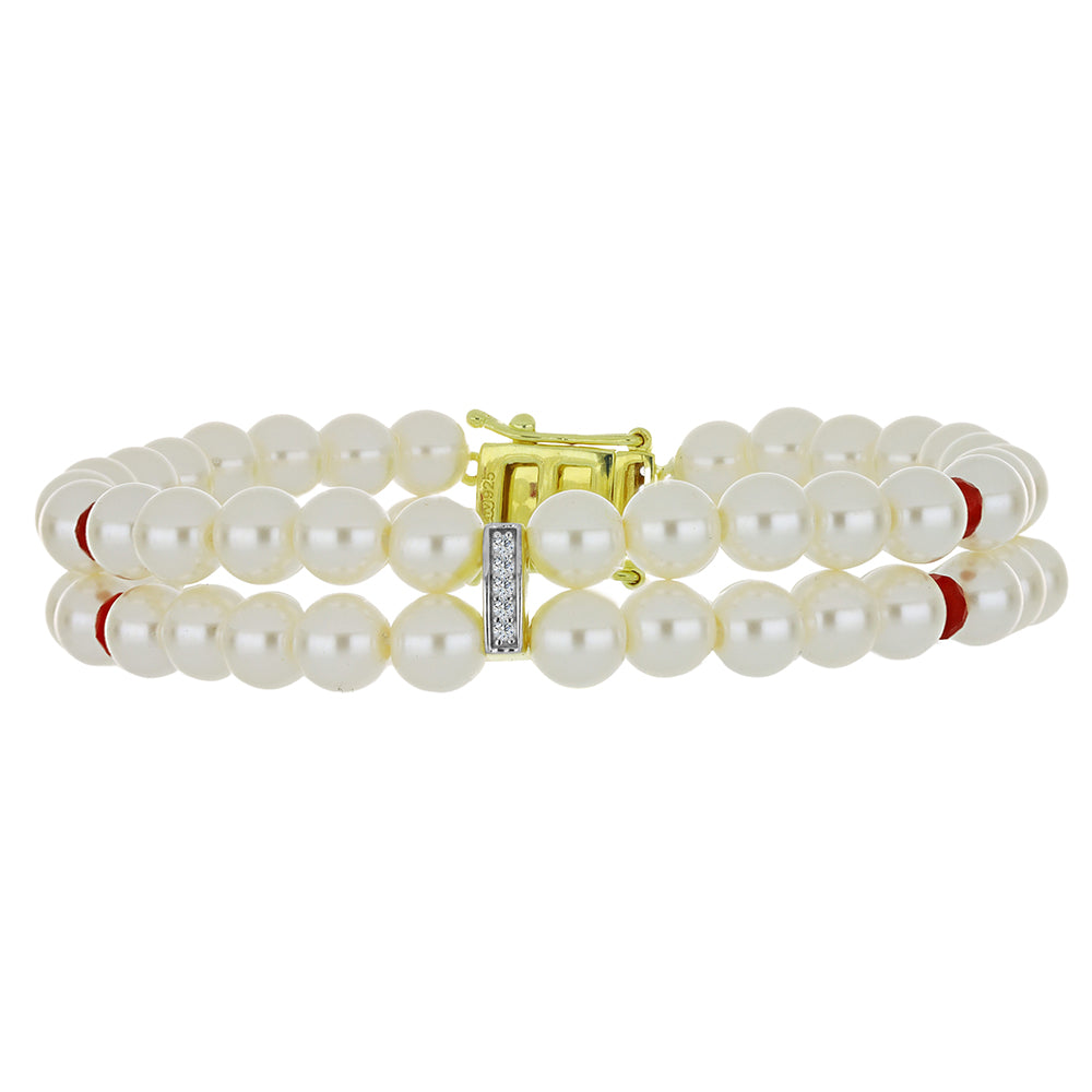 Pulseira de Prata com Banho de Ouro com Pérola Branca de Água Doce e Rubi de Madagáscar  Contraste: Cabeca de Veado (800)