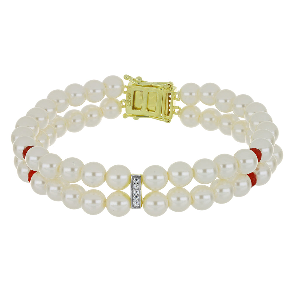 Pulseira de Prata com Banho de Ouro com Pérola Branca de Água Doce e Rubi de Madagáscar  Contraste: Cabeca de Veado (800) 1 