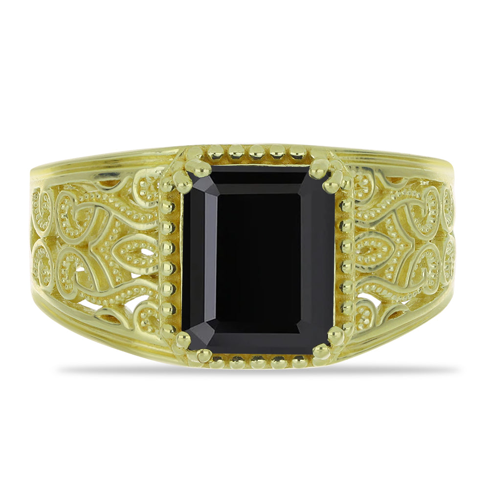 Anel de Prata com Banho de Ouro com Espinela Preta  Contraste: Cabeca de Veado (800) 1 