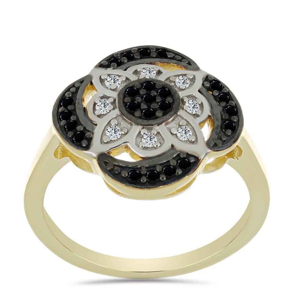 Anel de Prata com Banho de Ouro com Espinela Preta e Topázio Branco  Contraste: Cabeca de Veado (800)