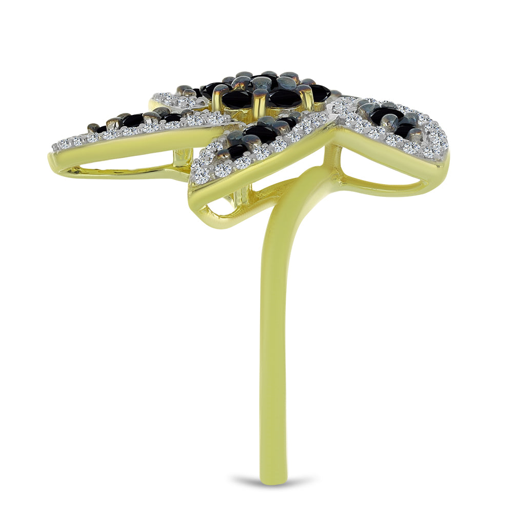 Anel de Prata com Banho de Ouro com Espinela Preta e Topázio Branco  Contraste: Cabeca de Veado (800)