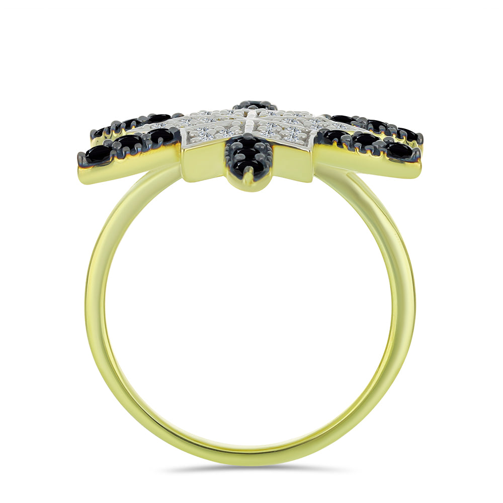 Anel de Prata com Banho de Ouro com Espinela Preta e Topázio Branco  Contraste: Cabeca de Veado (800) 2 