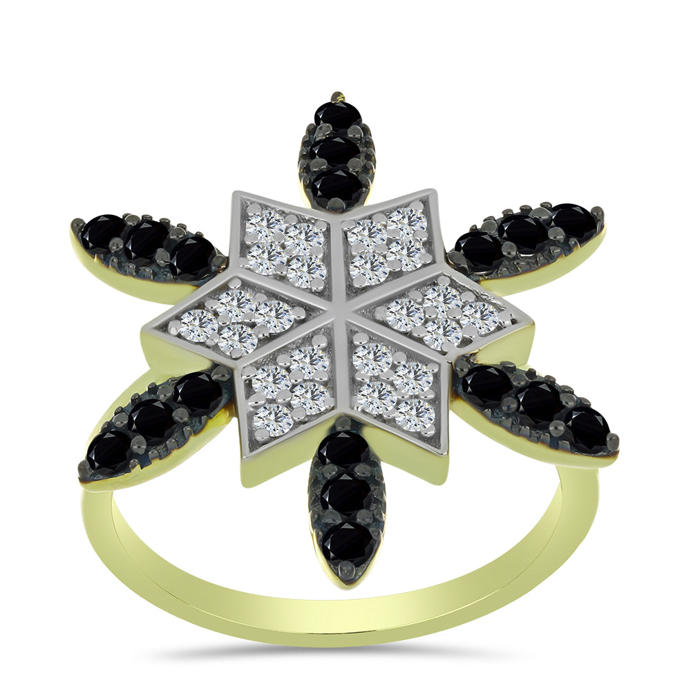 Anel de Prata com Banho de Ouro com Espinela Preta e Topázio Branco  Contraste: Cabeca de Veado (800) 3 