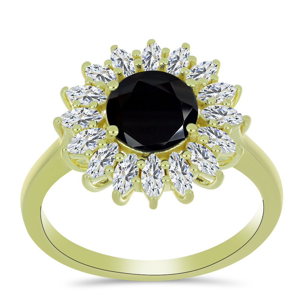 Anel de Prata com Banho de Ouro com Espinela Preta e Topázio Branco  Contraste: Cabeca de Veado (800)