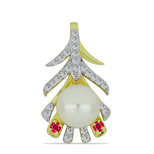 Pendente de Prata com Banho de Ouro com Pérola Branca de Água Doce e Rubi de Madagáscar