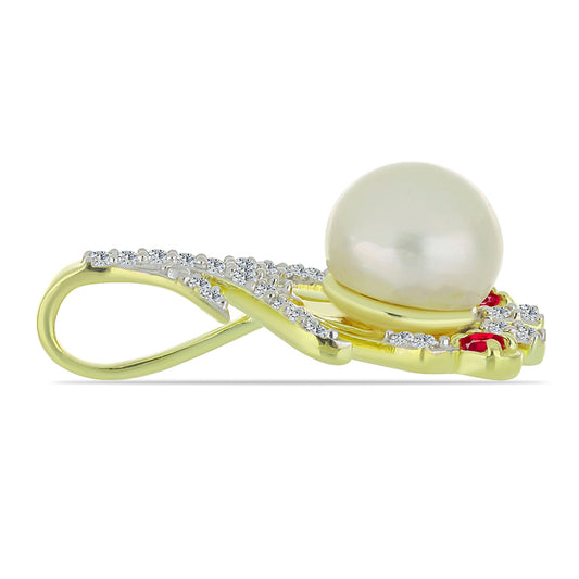 Pendente de Prata com Banho de Ouro com Pérola Branca de Água Doce e Rubi de Madagáscar