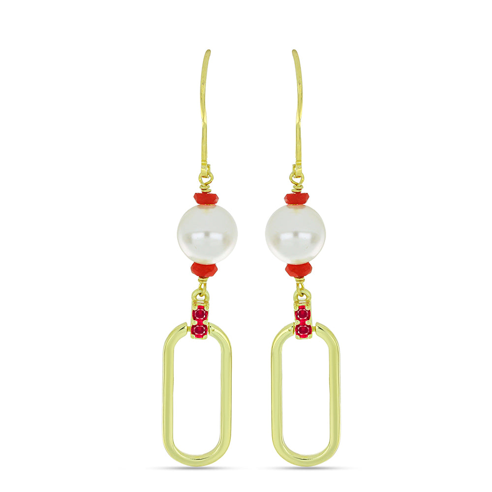 Conjunto de Prata com Banho de Ouro com Pérola Branca de Água Doce e Rubi de Madagáscar ( Colar+Brincos+Pulseira )  Contraste: Cabeca de Veado (800)