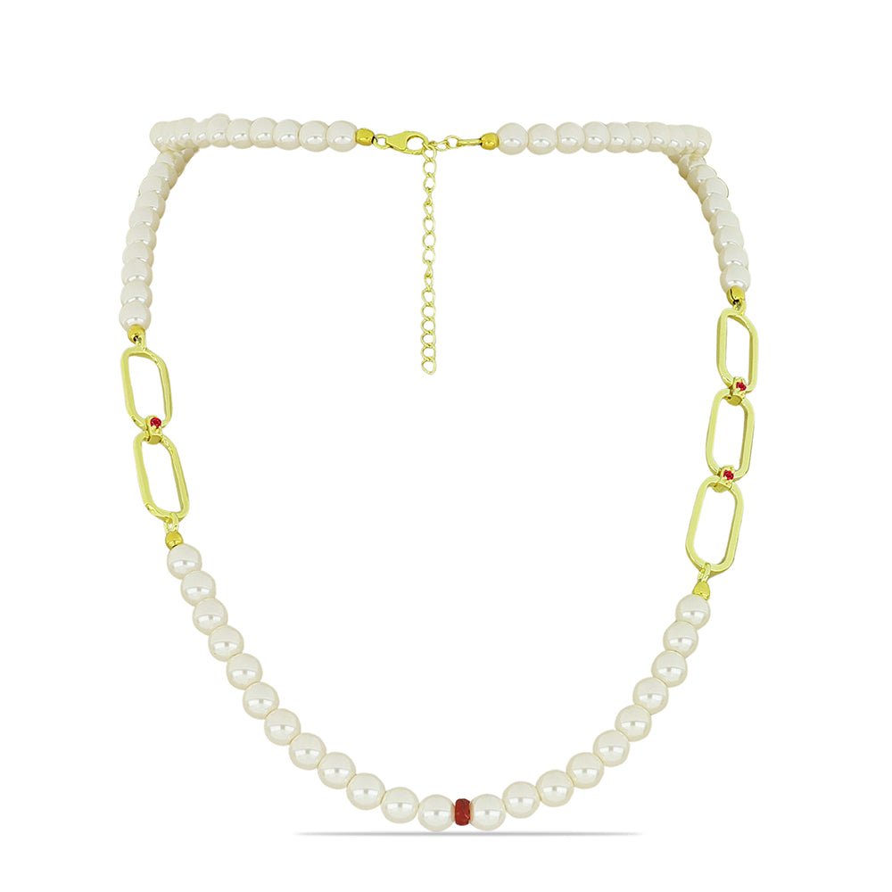 Conjunto de Prata com Banho de Ouro com Pérola Branca de Água Doce e Rubi de Madagáscar ( Colar+Brincos+Pulseira )  Contraste: Cabeca de Veado (800) 2 