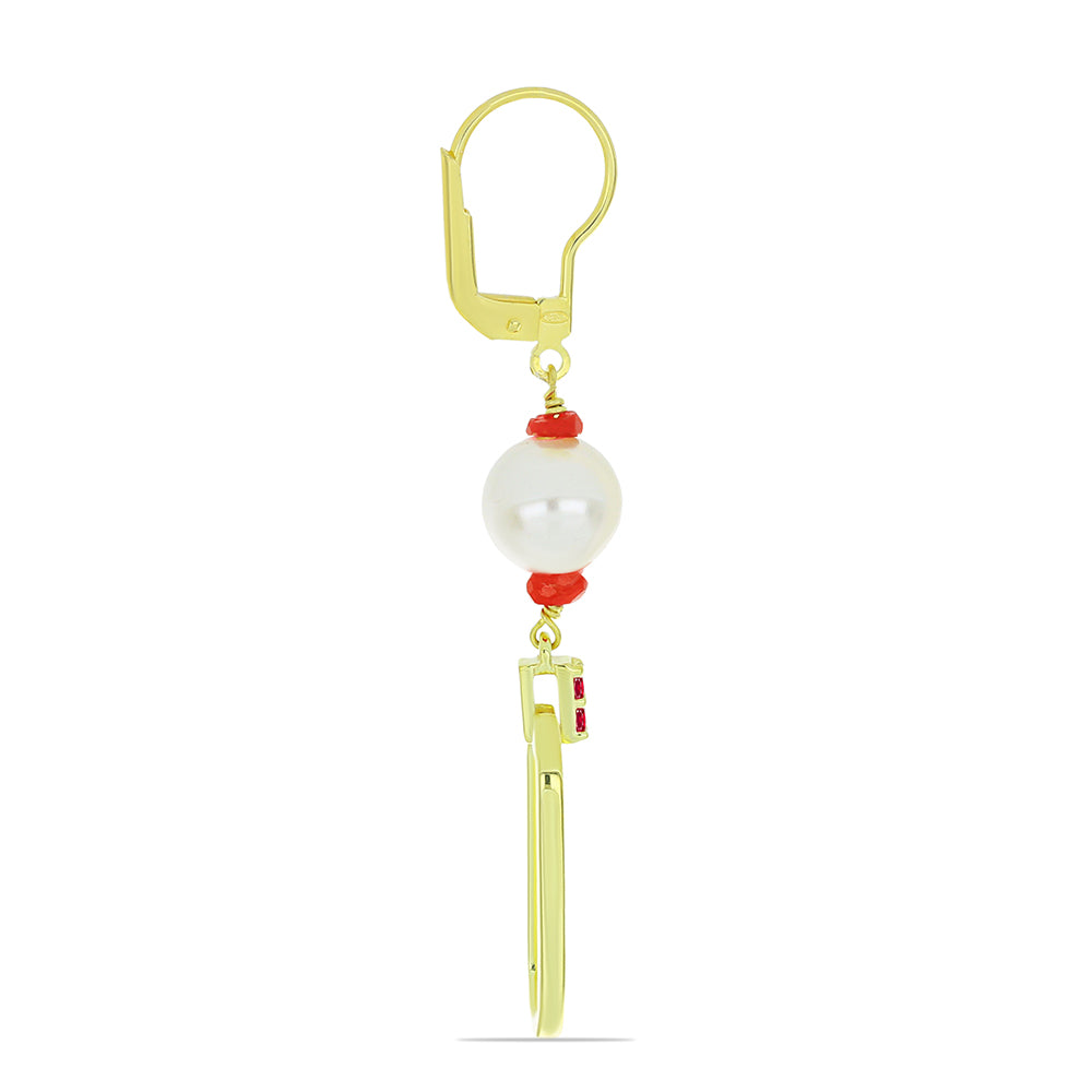 Conjunto de Prata com Banho de Ouro com Pérola Branca de Água Doce e Rubi de Madagáscar ( Colar+Brincos+Pulseira )  Contraste: Cabeca de Veado (800)