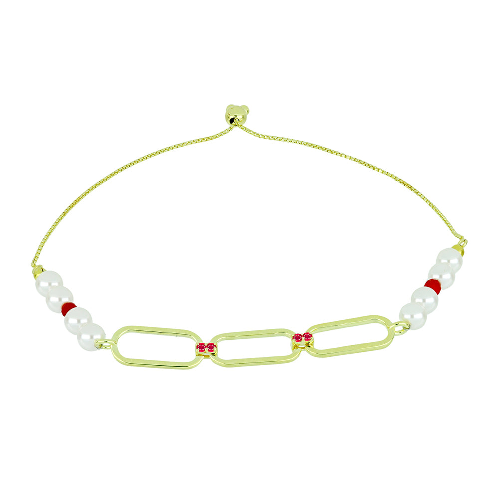 Conjunto de Prata com Banho de Ouro com Pérola Branca de Água Doce e Rubi de Madagáscar ( Colar+Brincos+Pulseira )  Contraste: Cabeca de Veado (800) 5 