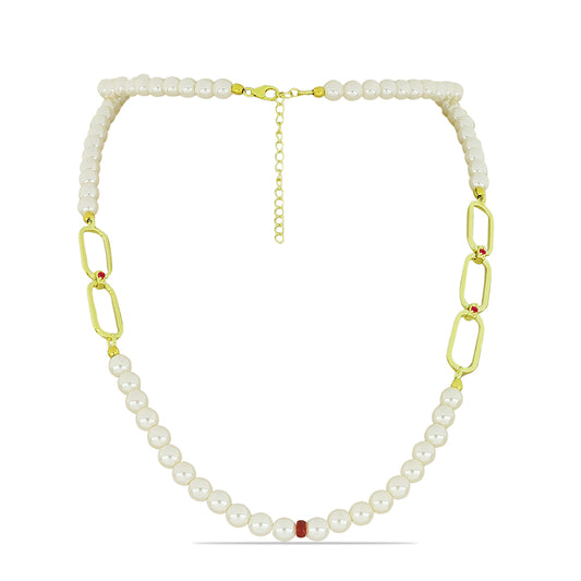 Conjunto de Prata com Banho de Ouro com Pérola Branca de Água Doce e Rubi de Madagáscar ( Colar+Brincos+Pulseira )  Contraste: Cabeca de Veado (800)