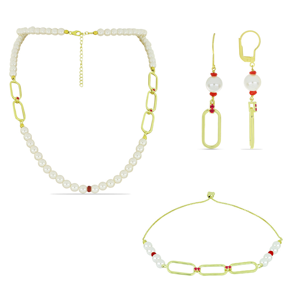 Conjunto de Prata com Banho de Ouro com Pérola Branca de Água Doce e Rubi de Madagáscar ( Colar+Brincos+Pulseira )  Contraste: Cabeca de Veado (800) 1 