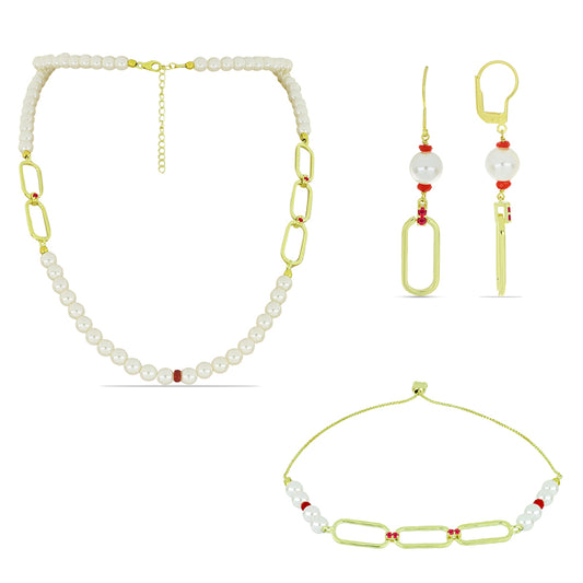 Conjunto de Prata com Banho de Ouro com Pérola Branca de Água Doce e Rubi de Madagáscar ( Colar+Brincos+Pulseira )  Contraste: Cabeca de Veado (800)