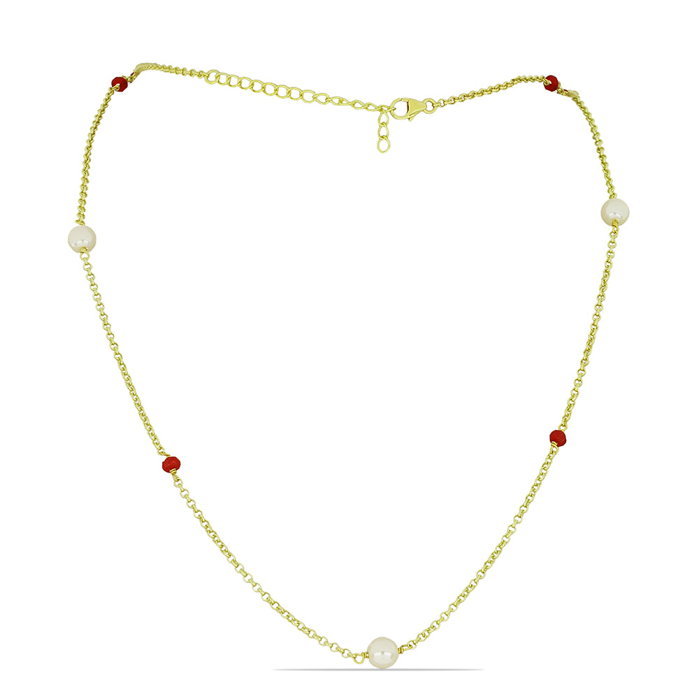 Colar de Prata com Banho de Ouro com Pérola Branca de Água Doce e Rubi de Madagáscar  Contraste: Cabeca de Veado (800) 1 