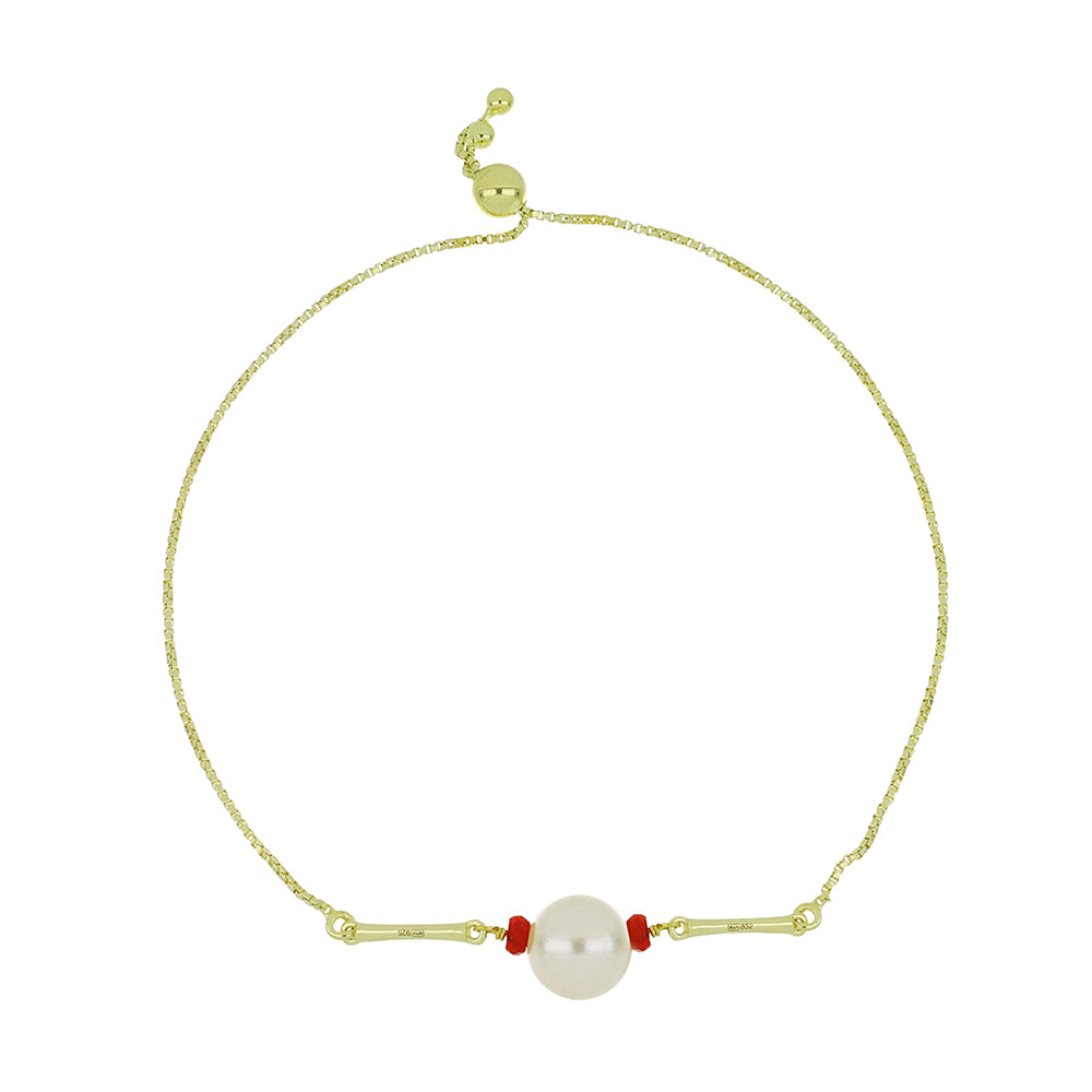 Pulseira de Prata com Banho de Ouro com Pérola Branca de Água Doce e Rubi de Madagáscar 1 