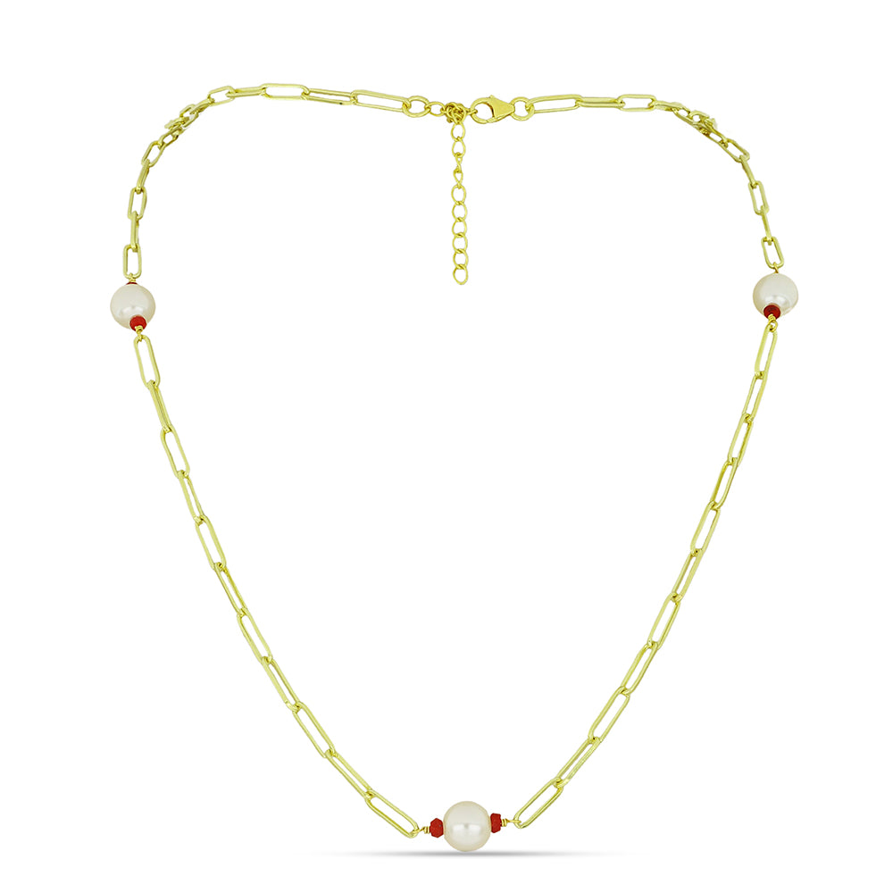 Colar de Prata com Banho de Ouro com Pérola Branca de Água Doce e Rubi de Madagáscar  Contraste: Cabeca de Veado (800)