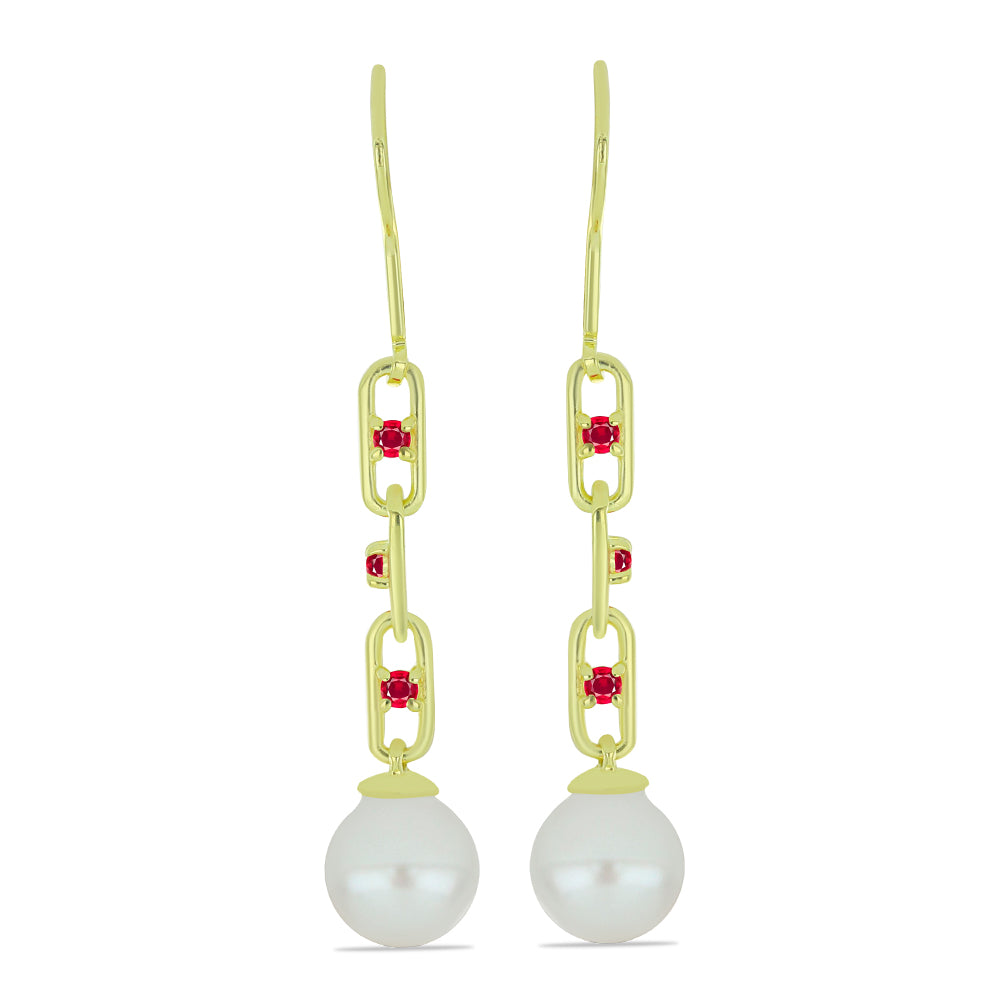 Brincos de Prata com Banho de Ouro com Pérola Branca de Água Doce e Rubi de Madagáscar 1 