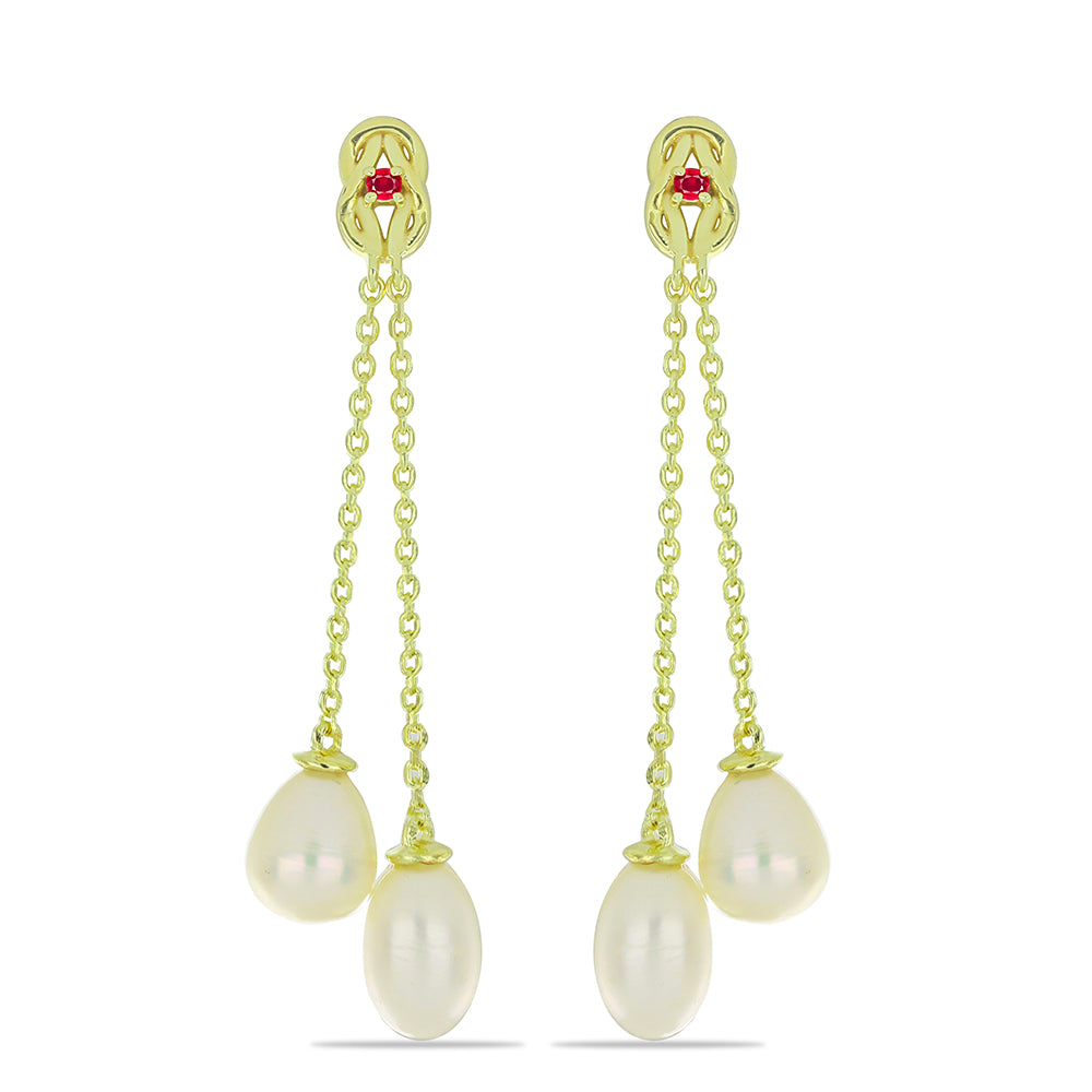 Brincos de Prata com Banho de Ouro com Pérola Branca de Água Doce e Rubi de Madagáscar 1 