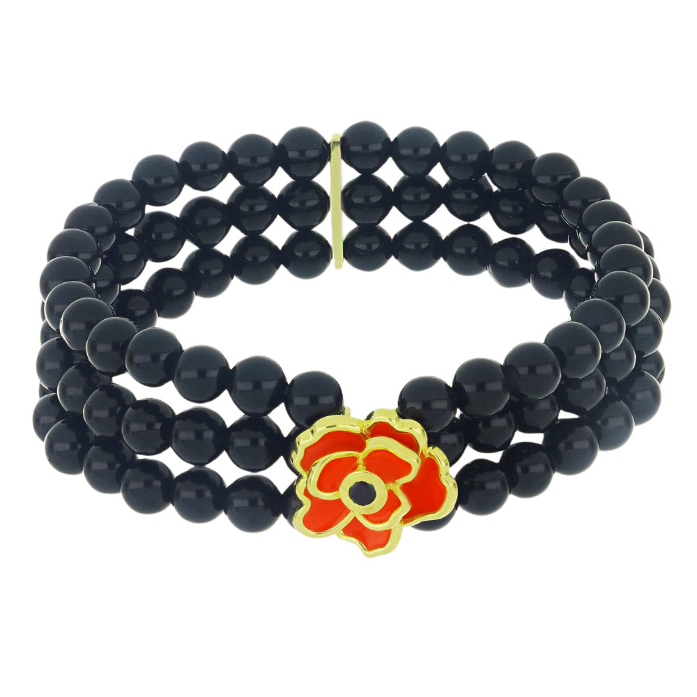 Pulseira de Prata com Banho de Ouro com Espinela Preta e Esmalte  Contraste: Cabeca de Veado (800) 1 