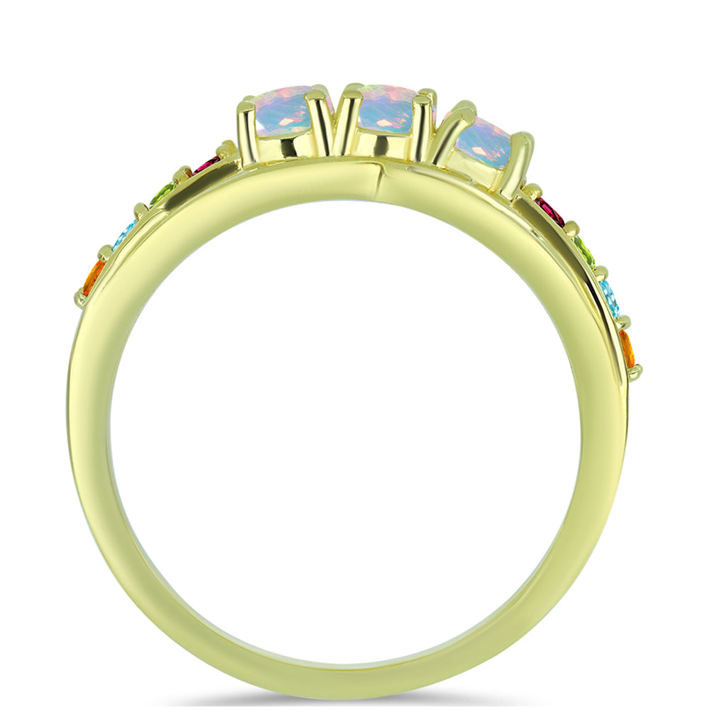 Anel de Prata com Banho de Ouro com Opala Welo e Turmalina Chakra  Contraste: Cabeca de Veado (800)