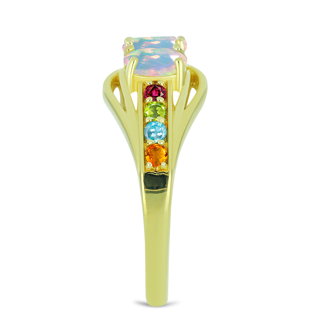 Anel de Prata com Banho de Ouro com Opala Welo e Turmalina Chakra  Contraste: Cabeca de Veado (800)