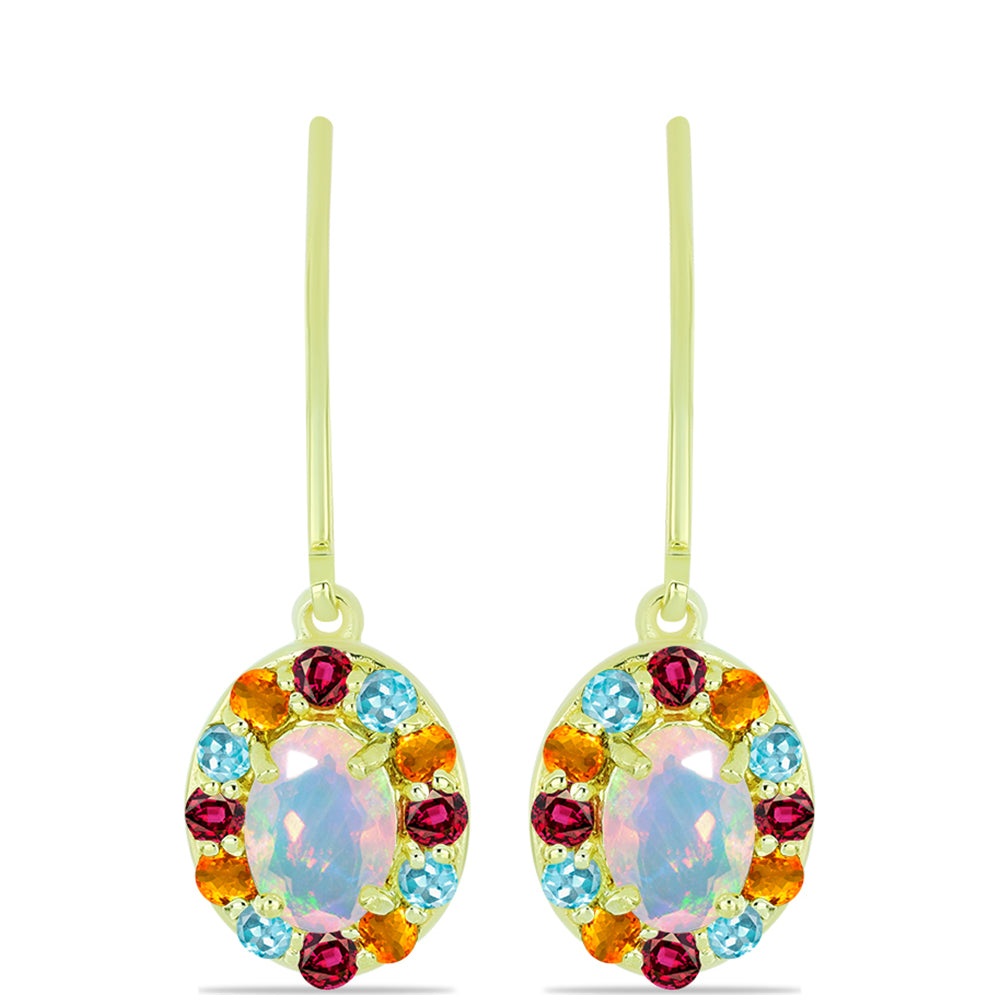 Brincos de Prata com Banho de Ouro com Opala Welo e Turmalina Chakra 1 