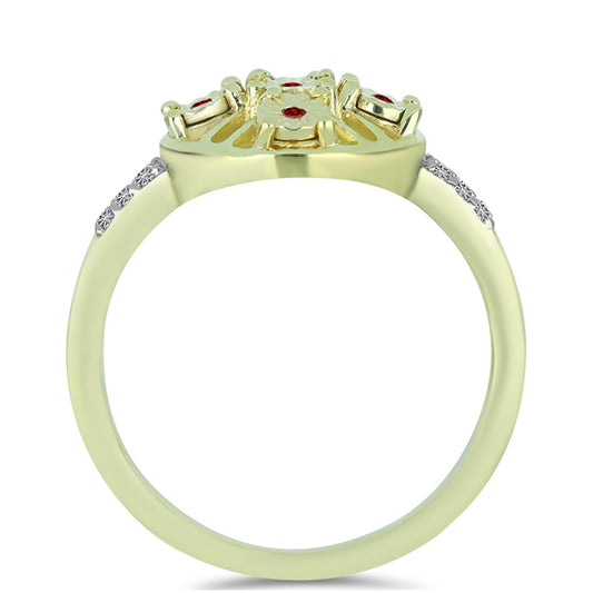 Anel de Prata com Banho de Ouro com Diamante Vermelho e Diamante Branco  Contraste: Cabeca de Veado (800)