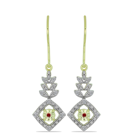 Brincos de Prata com Banho de Ouro com Diamante Vermelho e Diamante Branco