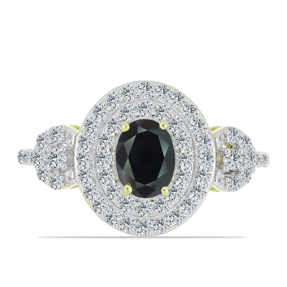 Anel de Prata com Banho de Ouro com Obsidiana e Topázio Branco  Contraste: Cabeca de Veado (800)