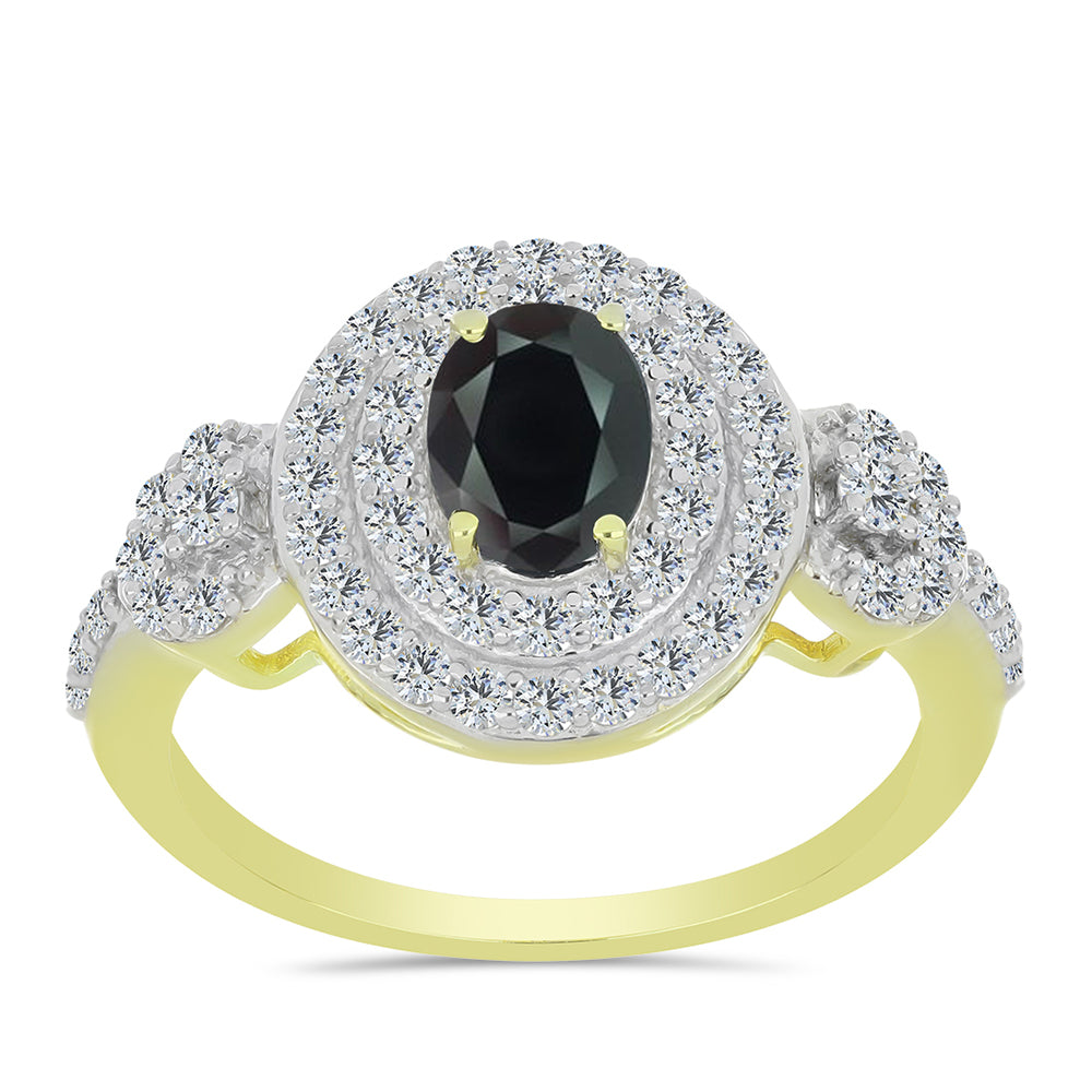 Anel de Prata com Banho de Ouro com Obsidiana e Topázio Branco  Contraste: Cabeca de Veado (800)