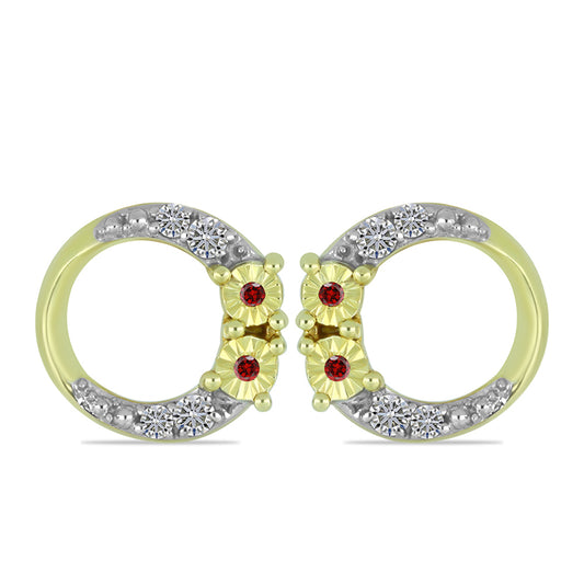 Brincos de Prata com Banho de Ouro com Diamante Vermelho e Diamante Branco