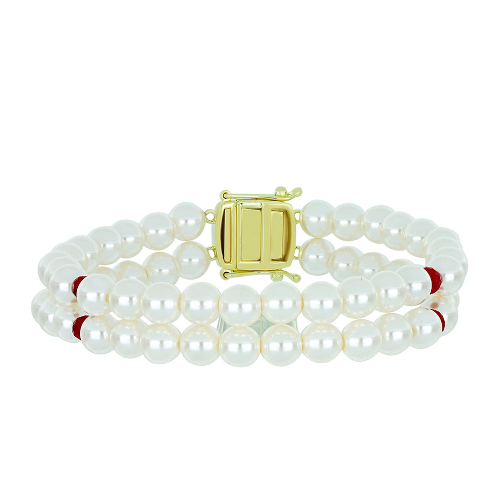 Pulseira de Prata com Banho de Ouro com Pérola Branca de Água Doce e Rubi de Madagáscar  Contraste: Cabeca de Veado (800)