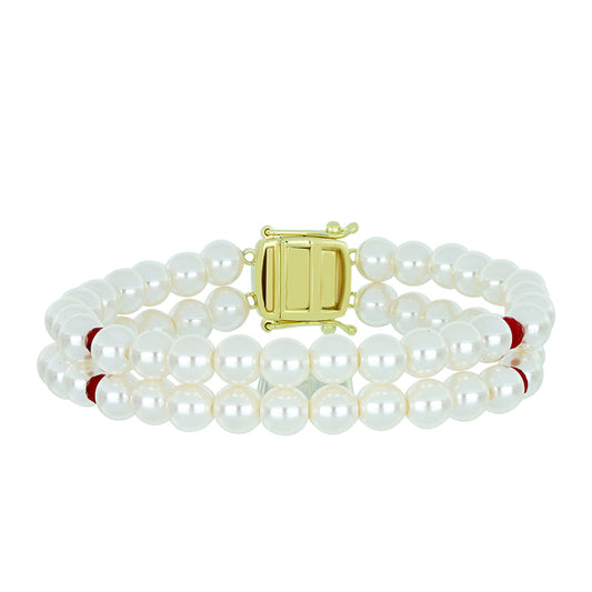 Pulseira de Prata com Banho de Ouro com Pérola Branca de Água Doce e Rubi de Madagáscar  Contraste: Cabeca de Veado (800)