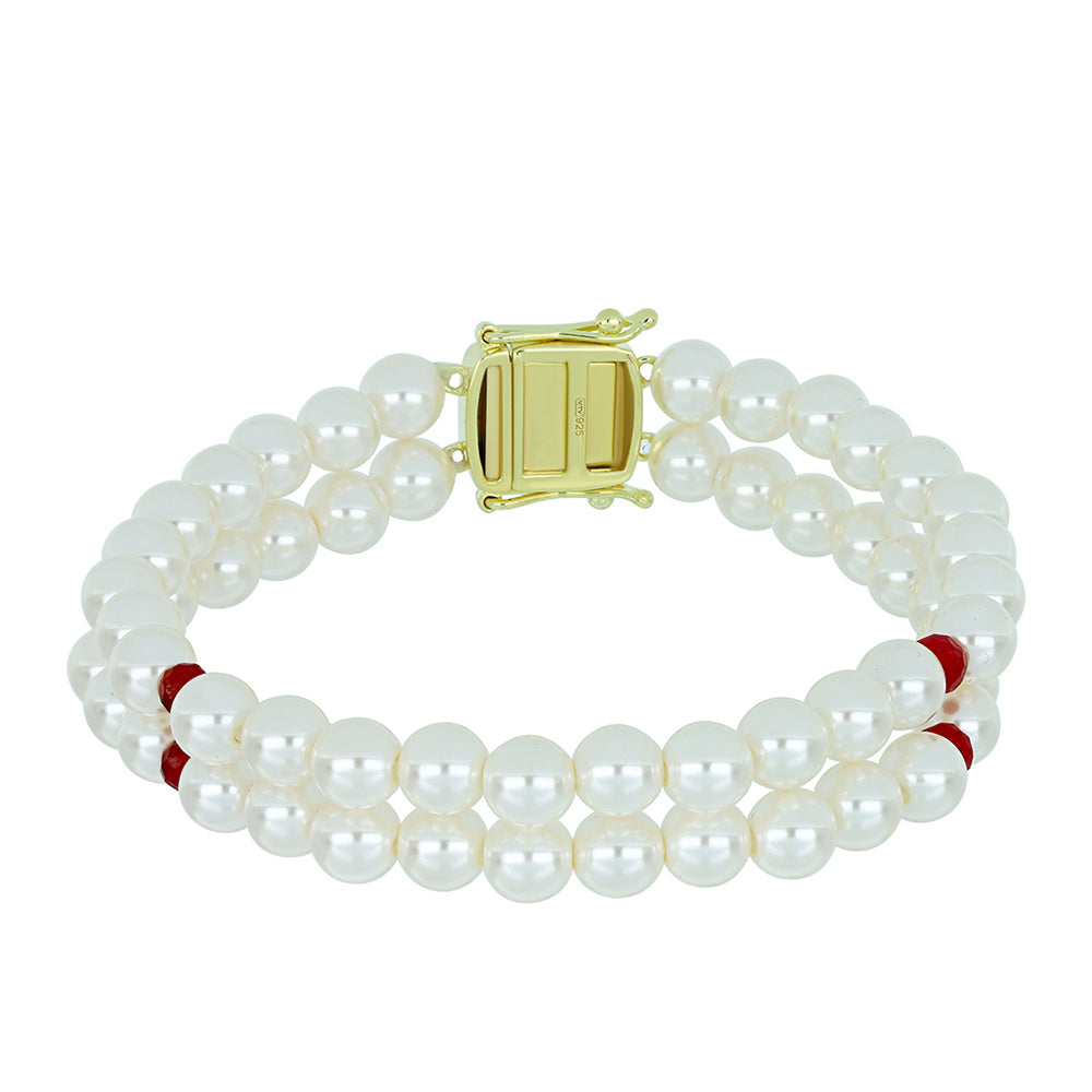 Pulseira de Prata com Banho de Ouro com Pérola Branca de Água Doce e Rubi de Madagáscar  Contraste: Cabeca de Veado (800) 1 