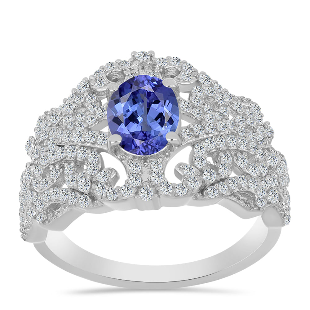 Anel de Prata com Tanzanite e Topázio Branco  Contraste: Cabeca de Veado (800)