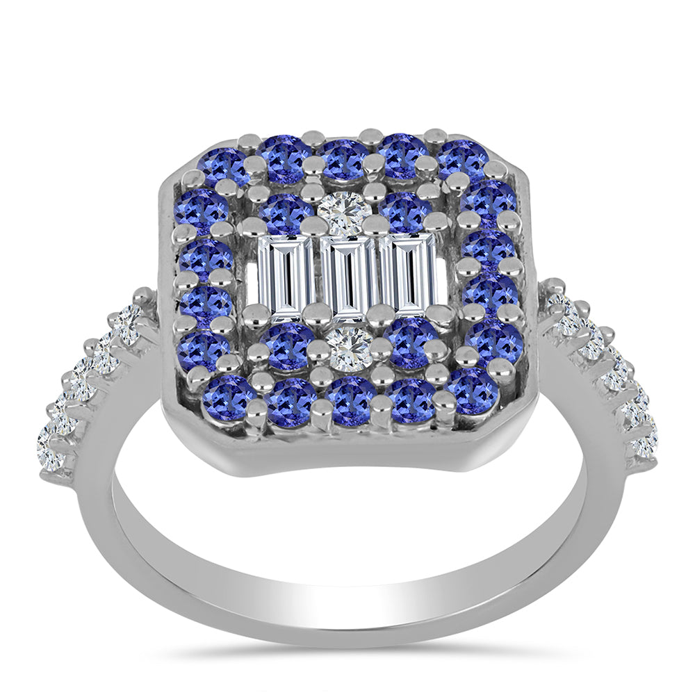 Anel de Prata com Tanzanite e Topázio Branco  Contraste: Cabeca de Veado (800)