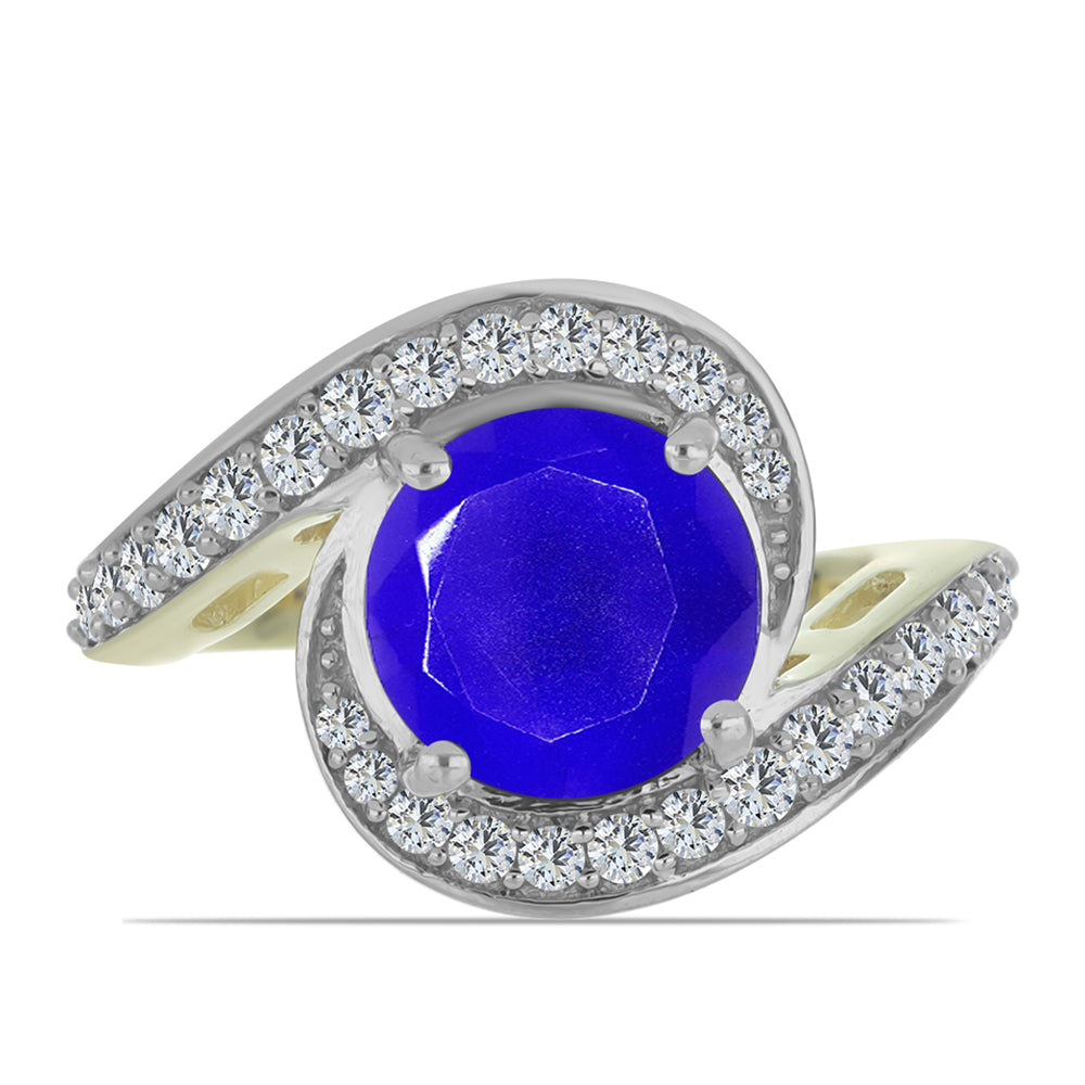 Anel de Prata com Banho de Ouro com Ágata Azul e Topázio Branco  Contraste: Cabeca de Veado (800) 1 