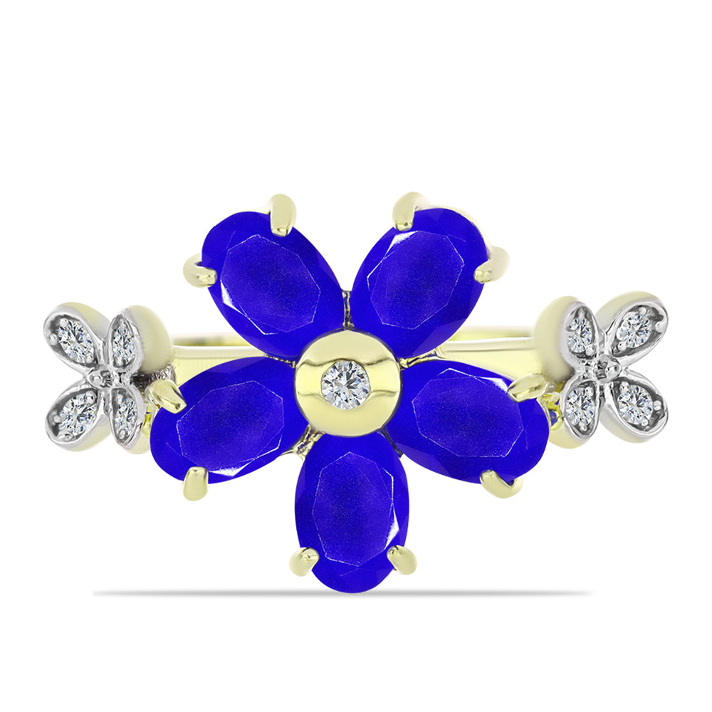 Anel de Prata com Banho de Ouro com Ágata Azul e Topázio Branco  Contraste: Cabeca de Veado (800)