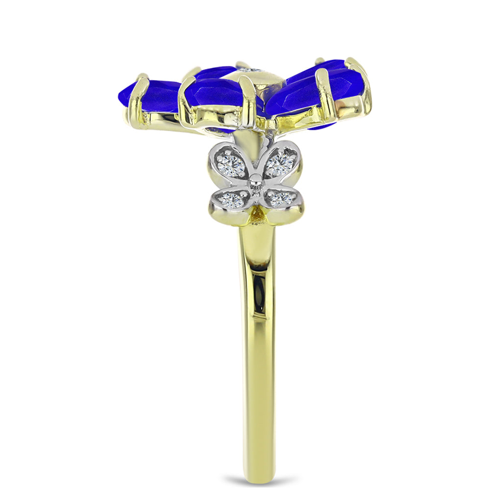 Anel de Prata com Banho de Ouro com Ágata Azul e Topázio Branco  Contraste: Cabeca de Veado (800) 4 