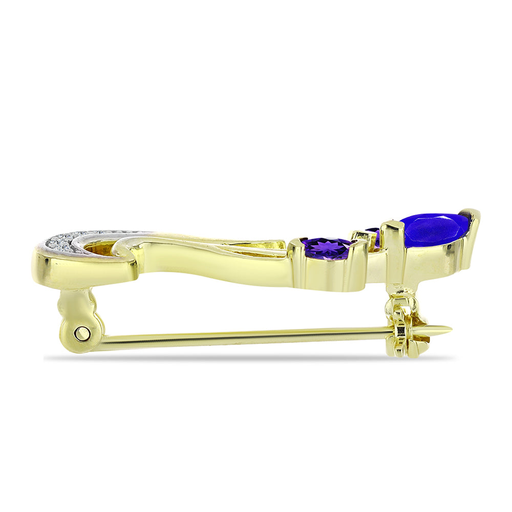 Alfinete de Prata com Banho de Ouro com Ágata Azul e Ametista de Marrocos 2 