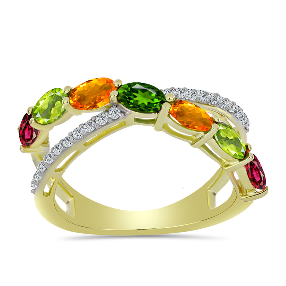 Anel de Prata com Banho de Ouro com Turmalina Chakra e Topázio Branco