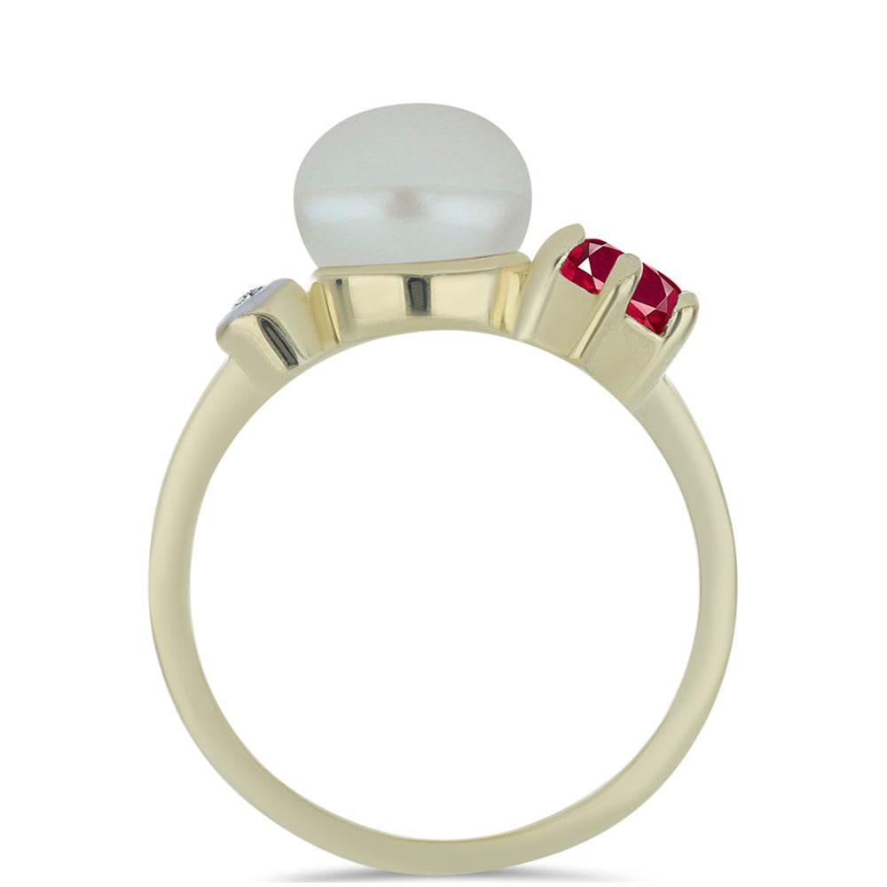 Anel de Prata com Banho de Ouro com Pérola Branca de Água Doce e Rubi de Madagáscar