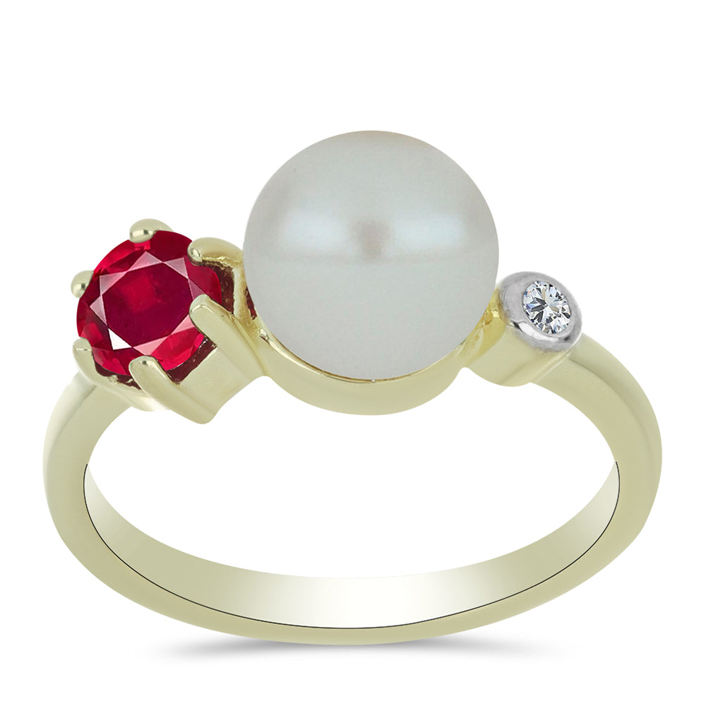 Anel de Prata com Banho de Ouro com Pérola Branca de Água Doce e Rubi de Madagáscar 3 