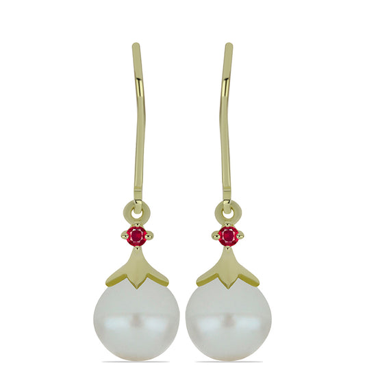 Brincos de Prata com Banho de Ouro com Pérola Branca de Água Doce e Rubi de Madagáscar