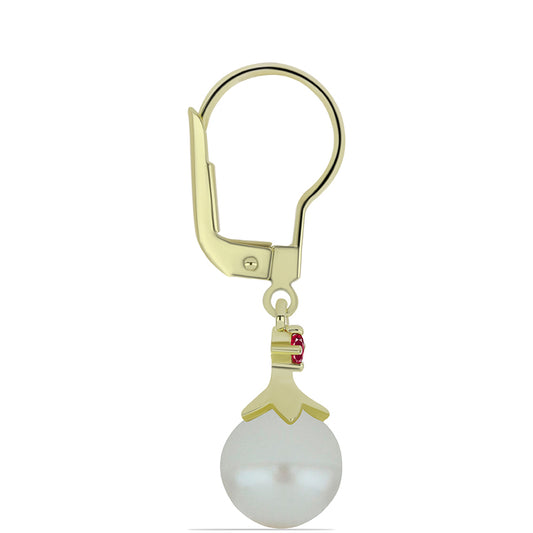 Brincos de Prata com Banho de Ouro com Pérola Branca de Água Doce e Rubi de Madagáscar