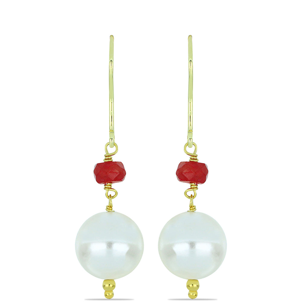 Brincos de Prata com Banho de Ouro com Pérola Branca de Água Doce e Rubi de Madagáscar