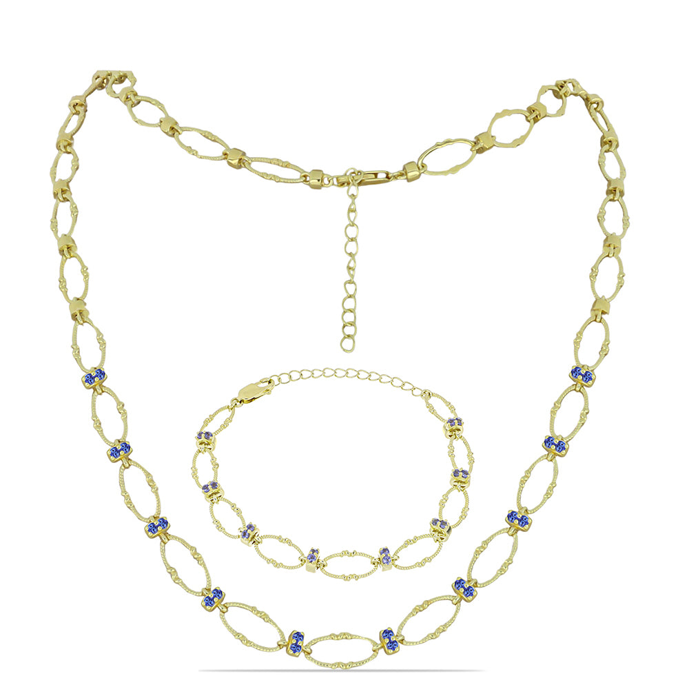Conjunto de Prata com Banho de Ouro com Tanzanite ( Colar+Pulseira )  Contraste: Cabeca de Veado (800) 1 